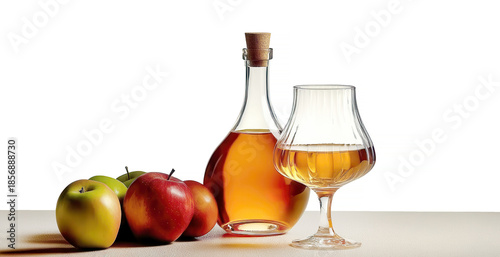 Calvados Brandy and red apples, glass amber colored apple liqueur served in cut-crystal glass beside decorative bottle fresh apples on rustic wooden table