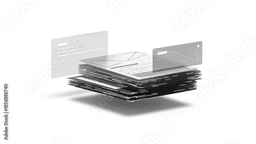 Stack of credit cards with flying cards on white background, symbolizing financial transactions, banking, and commerce