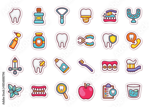 Collection of colorful cartoon icons depicting dental hygiene tools and items.