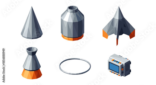 Isometric spacecraft elements set with geometric shapes and components