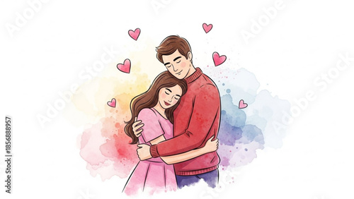 Loving couple embracing with hearts, romantic watercolor illustration of young man and woman hugging