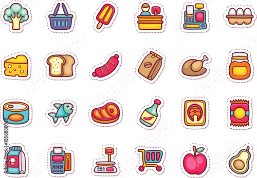 Collection of colorful cartoon icons representing various grocery foods and items.