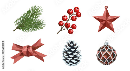 Polygonal christmas elements: pine, berries, star, bow, pinecone, ornament in low poly art