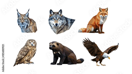 Geometric wildlife art featuring lynx, wolf, fox, owl, wolverine, and eagle