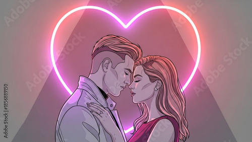 Young couple sharing romantic kiss with heart shaped neon light behind