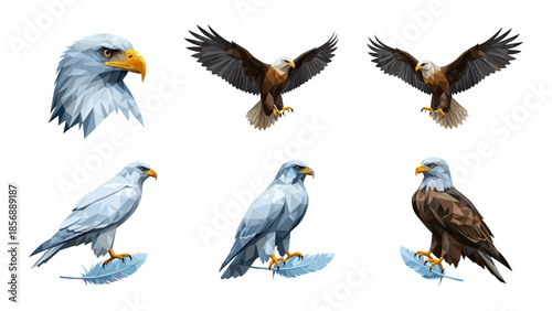 Geometric eagle art: low poly designs of majestic birds in flight and perched with feather details