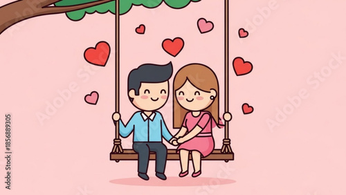 Cartoon couple holding hands on swing surrounded by floating hearts romantic love scene