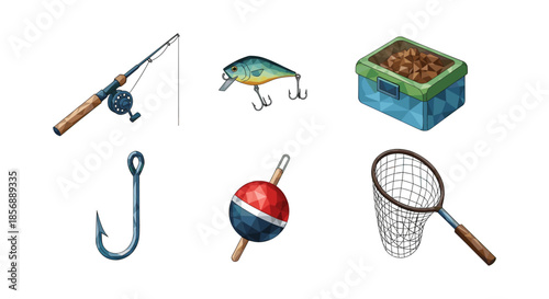 Fishing gear icons set: animated style with lure, hook, and rod illustration