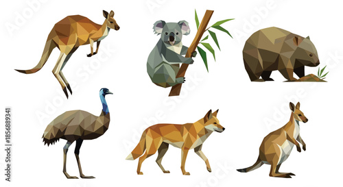 Geometric australian wildlife art: kangaroo, koala, wombat, emu, dingo design