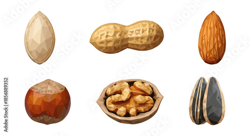 Geometric low poly nuts collection featuring almonds and peanuts