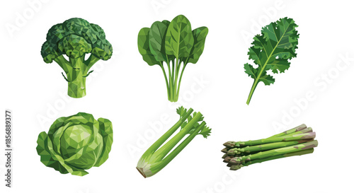 Geometric green vegetables: broccoli, spinach, kale, cabbage, celery, asparagus