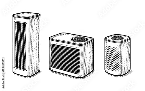 Hand-drawn air purifiers collection with detailed engravings
