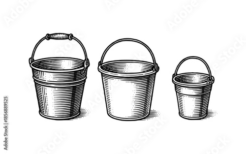Vintage style metal buckets with detailed hand-drawn texture