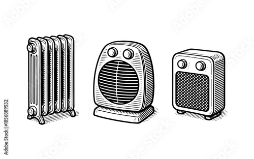 Vintage hand drawn heaters: radiator, fan, portable designs in black and white
