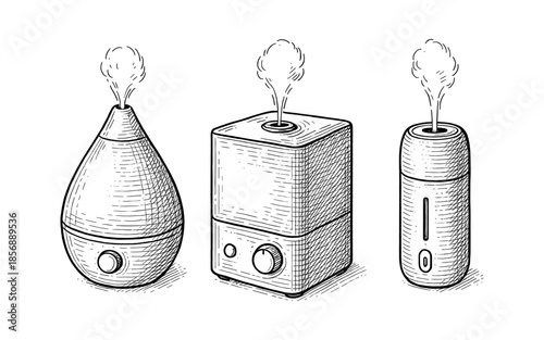 Hand drawn humidifier collection featuring modern designs with steam