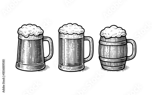 Vintage beer mugs collection with foam and barrels in hand-drawn style