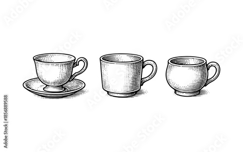 Detailed vintage style engraving cups set featuring classic tea and coffee designs