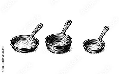 Hand drawn engraving style kitchen cookware set with saucepan trio on white background