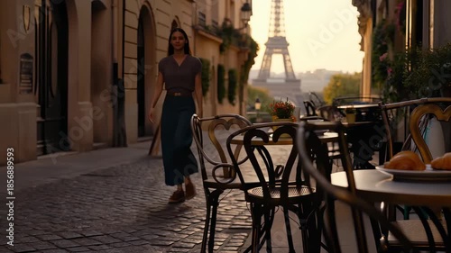This enchanting video takes you through the charming streets of Paris, featuring a woman walking past quaint cafes with the Eiffel Tower in the background. It's a beautiful glimpse into the magic of c