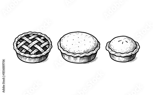 Hand drawn pies collection: detailed black and white bakery art