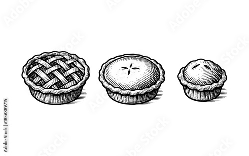 Detailed vintage engraving of varied pies with intricate crust designs