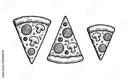 Hand drawn pizza slices with mushrooms and pepperoni