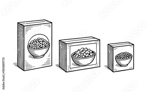 Hand drawn cereal boxes: vintage style breakfast packaging with bowls
