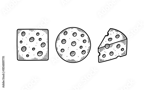 Hand drawn cheese variations: square, round, wedge in black and white