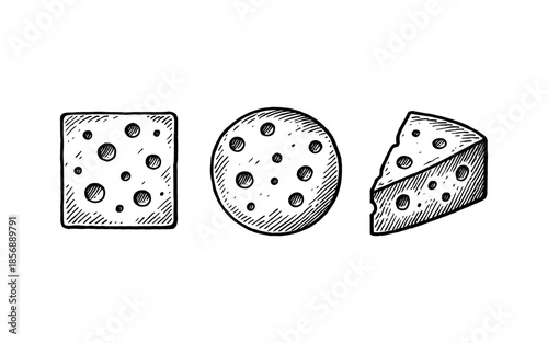 Hand drawn cheese variations in vintage style: square, round, and wedge