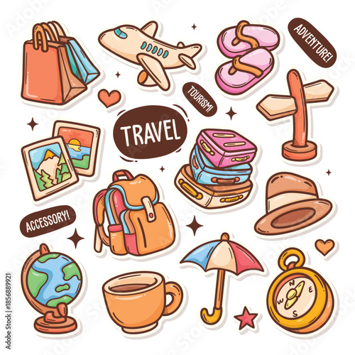 Collection of colorful cartoon travel icons featuring airplane backpack suitcase hat globe and umbrella.