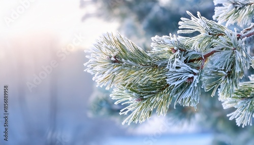 Pine Branches In Winter With Frozen Hoarfrost Horizontal Close Up Of A Natural Christmas Tree Outdoors