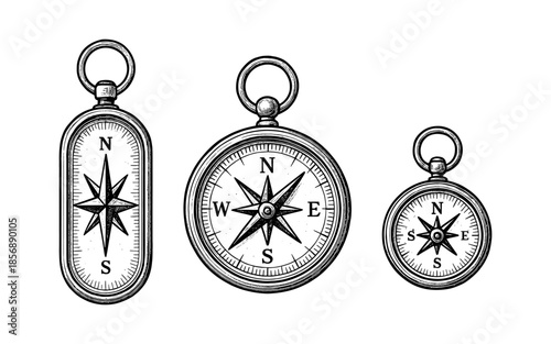 Vintage compass collection: intricate black and white navigational tools