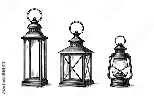 Vintage lantern collection with intricate line art design