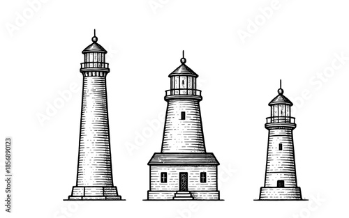 Vintage lighthouse collection: three detailed black and white landmark designs