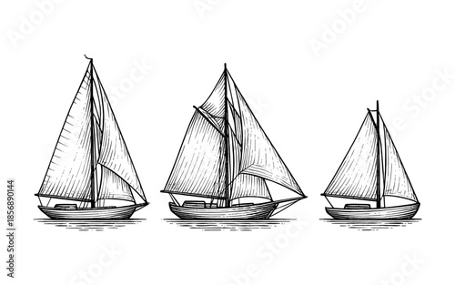 Detailed nautical boat sketches with sails on white background