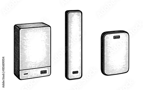 Retro engraved portable hard drives collection on white background