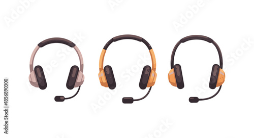 Three cartoon headsets with microphones displayed in a row on a white background