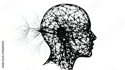 Human brain neural network connections abstract concept black and white illustration of head in profile with intricate web of lines and nodes representing thinking and intelligence
