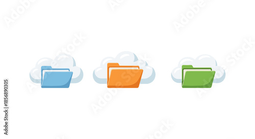 Cloud storage icons with folders in blue, orange, and green colors