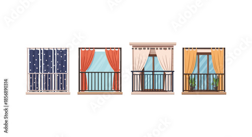 Collection of four diverse balcony doors with different curtains and railings
