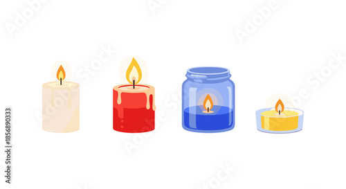Collection of four different types of lit candles on a white background