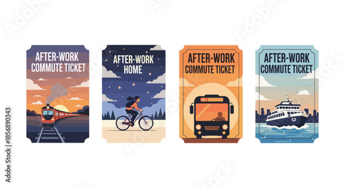 Collection of stylized tickets for after-work commute options