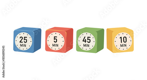 Four colorful cube timers display different minute intervals for time management