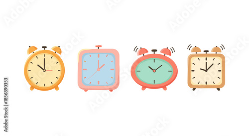 Collection of four colorful alarm clocks with different shapes and styles