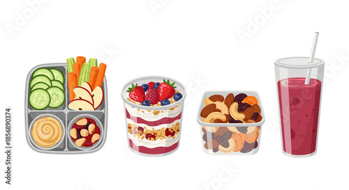 Healthy snacks and drink assortment for a balanced diet and active lifestyle