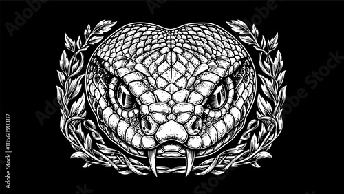 A vintage-style woodcut engraved etching featuring the head of a snake
