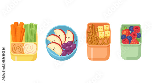Assortment of healthy and delicious snacks in colorful containers for kids