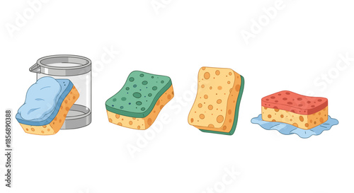 Collection of colorful cleaning sponges and a holder on a white background
