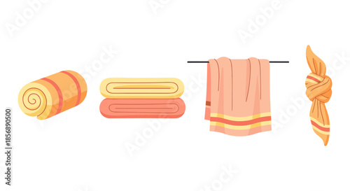 Collection of colorful towels displayed in different ways on a white background