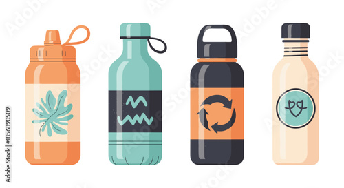 Collection of four stylized reusable water bottles with unique designs and symbols